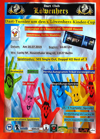 Charity im Lucky M: Dart-Turnier um den 1. Löwenherz-Kinder-Cup, zugunsten des Ronald-McDonald-Hauses in Bln.-Wedding
